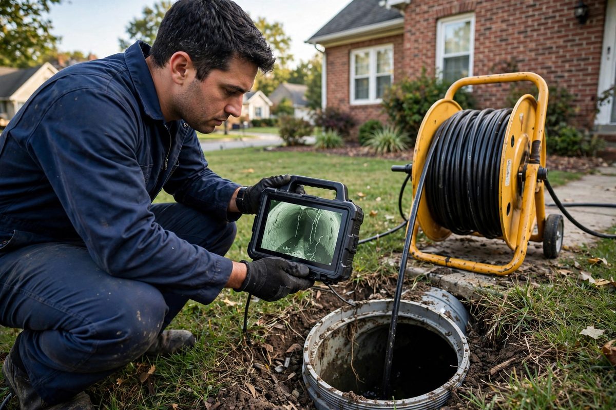 Sewer camera inspection in progress at a Keller, TX home — monitor showing a cracked sewer pipe