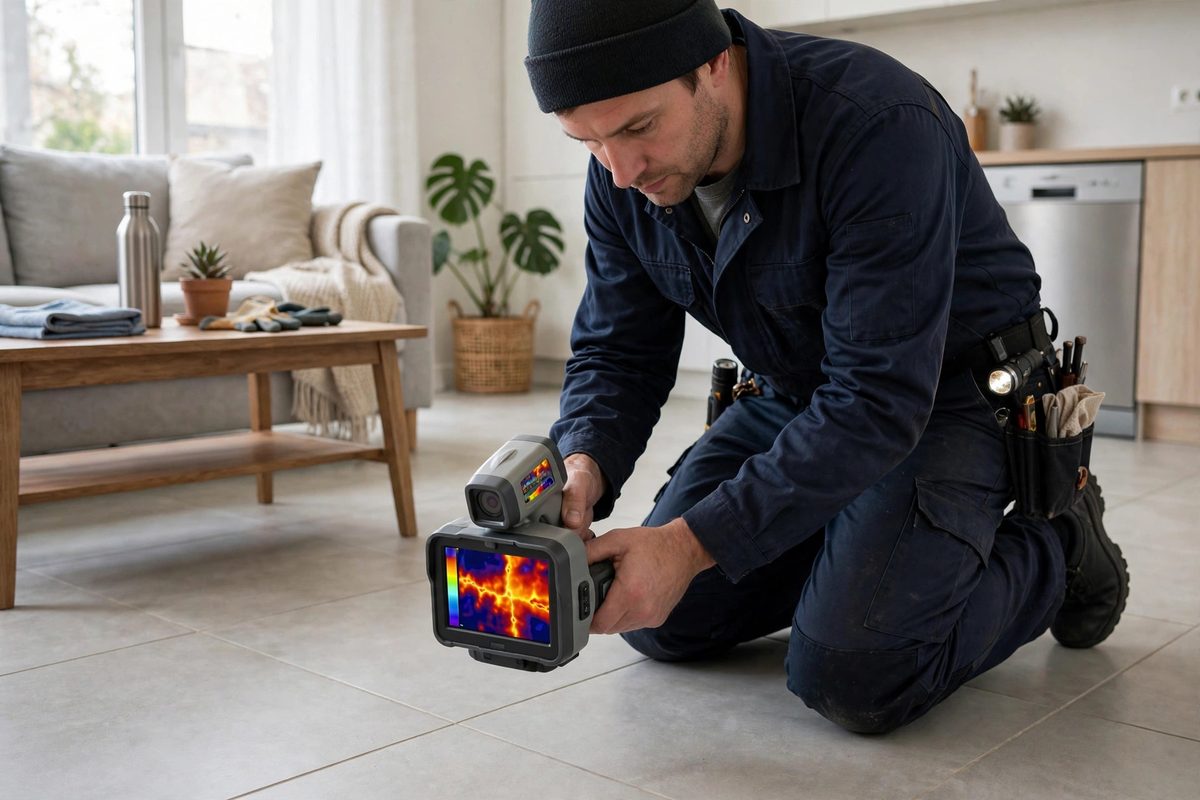 Technician using an infrared thermal camera to detect a slab leak under a Keller home's floor